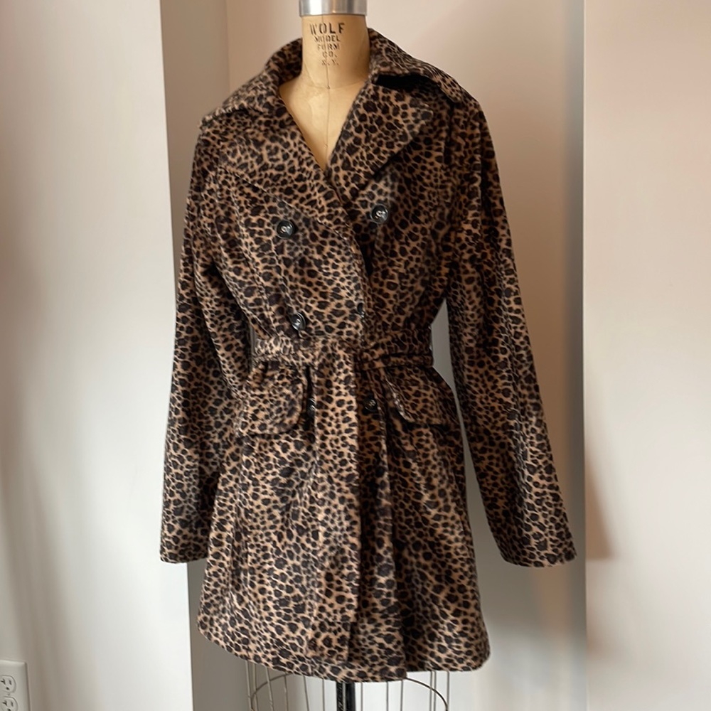 Calvin Klein faux leopard double breasted knee length coat Size XS